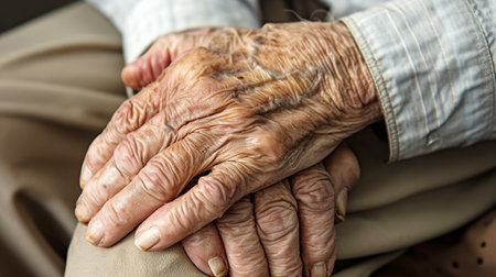 Close-up of elderly peoples hands with sore joints, tremors, Parkinsons disease, symbolizing experience , work experienceの素材