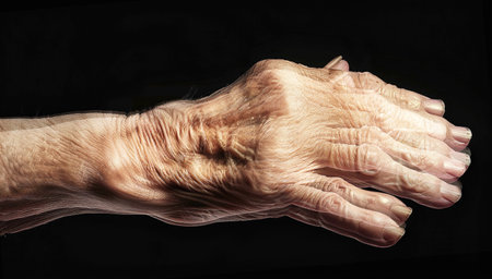 Close-up of elderly peoples hand with sore joints, tremors, Parkinsons disease, black backgroundの素材
