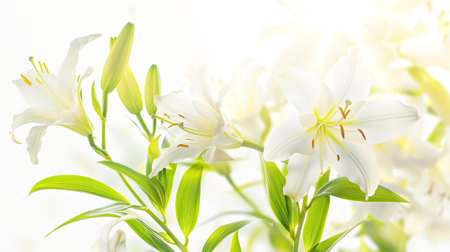 Beautiful delicate white lily flowers on a light background with bokeh. Natural beauty close up, selective focusの素材