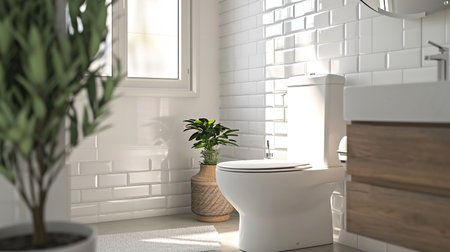 Sun-drenched bathroom with white subway tiles, toilet and sink next to a potted plant. Interior design, cozy lifestyleの素材