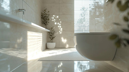 Sun-drenched bathroom with white subway tiles, toilet and sink next to a potted plant. Interior design, cozy lifestyleの素材