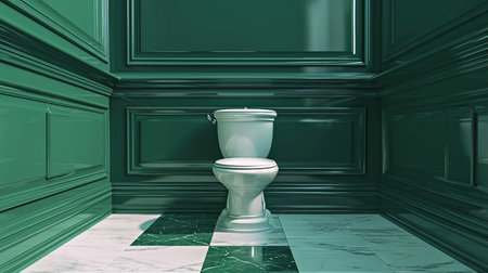 Art Deco bathroom with a classic white toilet against dark green paneled walls. Elegant toilet interior. Interior designの素材