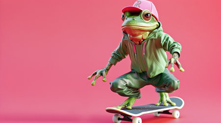 Modern funny frog in a baseball cap rolls on a skateboard in a dynamic pose. Symbol of the day in a leap year, celebrating the event of the frog jump on February 29の素材