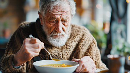 A pensive elderly man with a white beard eats alone, holding spoon with a trembling hand. Sick lonely man with psychological illnessの素材