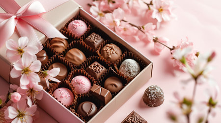 Set of chocolates in a craft box decorated with satin ribbon, festive pastel pink trendy background with fresh flowersの素材