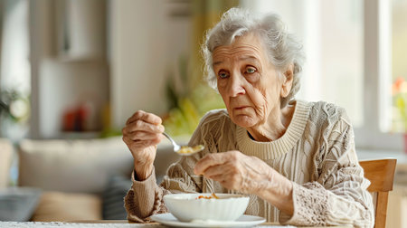 An elderly woman eats alone, holding spoon with trembling hand. Sick lonely man with psychological Parkinsons diseaseの素材