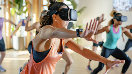Group VR fitness class led by an energetic instructor. Sports cardio training, fitness, aerobics using modern technologies, virtual reality glasses in gymの素材