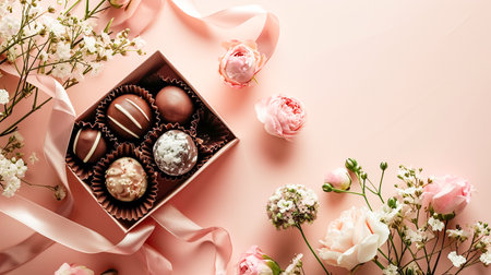 A set of chocolates in an open craft box decorated with a satin ribbon, festive pastel peach trendy backgroundの素材