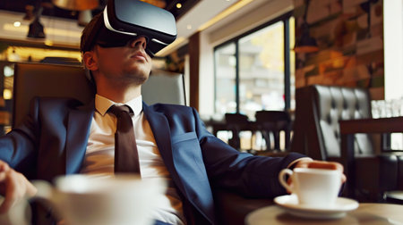 Businessman wearing virtual reality headset testing VR technology. A young confident man in business suit, sitting in cafe over cup of coffee, wearing VR reality glassesの素材