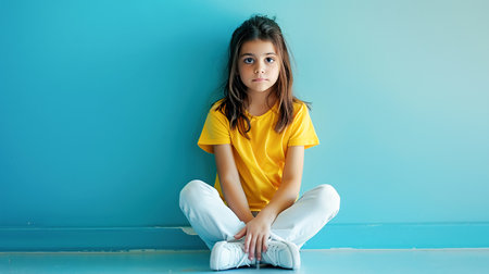 Pensive young girl, teenager, sitting cross-legged against a blue wall. Relationships among teenagers, bullying, problems of adolescenceの素材