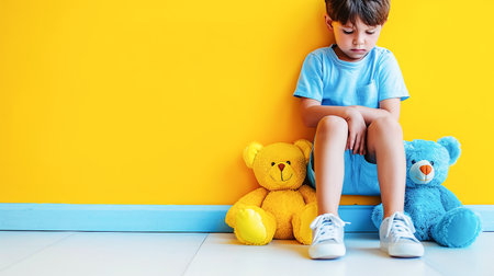 A sad boy in blue T-shirt sits against an empty yellow wall, next to his favorite multi-colored yellow and blue teddy bears. Children health concept, World Autism Awareness Dayの素材