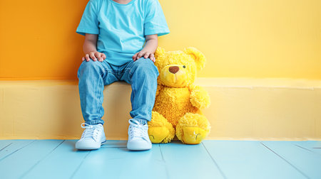 A boy in a blue T-shirt sits against an empty yellow wall, next to his favorite toy, yellow teddy bear. Children health concept, World Autism Awareness Dayの素材