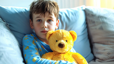 A sad child in blue pajamas sits on his crib and holds yellow teddy bear. Child health concept, caring for special children, World Autism Awareness Dayの素材