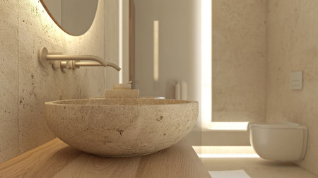 Contemporary round beige stone sink, wooden shelf vanity, wall hung toilet bathroom, minimalist style soft earth tonesの素材