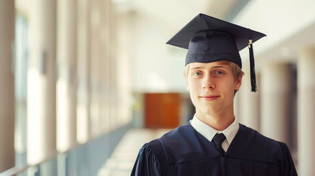 Confident graduate wearing traditional bachelors cap and gown, light background. Graduation from an educational institutionの素材