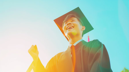 Joyful Asian graduate celebrating academic achievements outdoors, copy space. Graduation, end of student life, beginning of growing upの素材