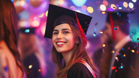 Portrait of Joyful graduate girl on a festive background with confetti and garlands, evening time. Graduation from university, school, ceremonyの素材