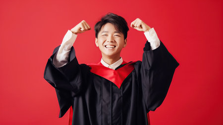 Emotional joyful Asian graduate in a traditional black robe, in graduation dress bends his arms, on a red background. Graduation, the end of student lifeの素材