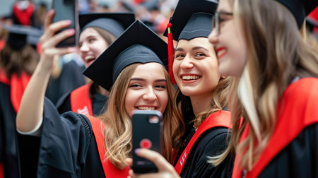 The graduating girls took a selfie together at the graduation ceremony. Student friendship, photo as souvenir of graduation from universityの素材