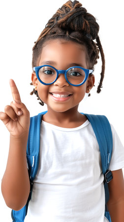 Happy African American girl with backpack, raising and pointing thumbs up. White background, vertical frame. School learning concept, back to schoolの素材