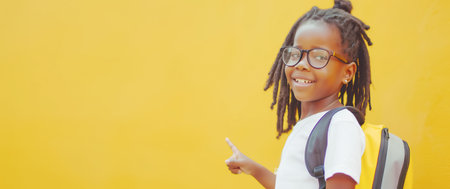Happy African American girl with backpack, raising and pointing thumbs up. Bright yellow background, copy space, banner. School learning conceptの素材