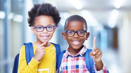Two smiling black schoolchildren with backpacks in the school corridor. Back to school conceptの素材