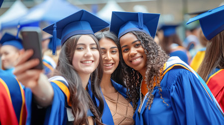 Female graduates in blue student robes took selfie together at the bachelors graduation ceremony. Student friendship, photo as a souvenir of graduation from universityの素材