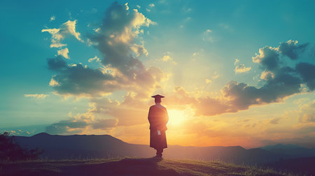 A graduate, silhouetted against the background of a beautiful bright sunset, reflects on the future. Graduation, end of student life, futureの素材