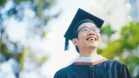 Joyful Asian graduate celebrating academic achievements outdoors. Graduation, end of student life, beginning of growing upの素材