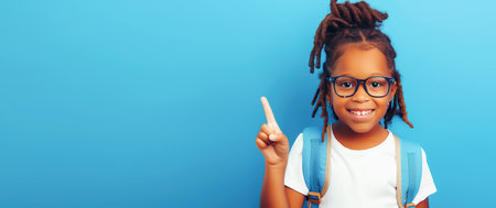 Happy African American girl with backpack showing thumbs up. Light background, horizontal frame, copy space frame. School learning concept, back to schoolの素材