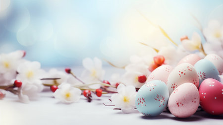 Spring festive composition for Easter. Multicolored painted Easter eggs among cherry blossoms on blue backgroundの素材