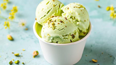 Homemade pistachio ice cream served in white bowl on light kitchen table. Summer fashionable healthy cooling dessertsの素材