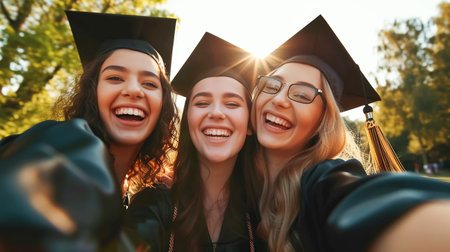 A group of joyful graduate girls, of different nationalities, taking a selfie in the sunlight. Student friendship, photo as souvenir of graduation from universityの素材