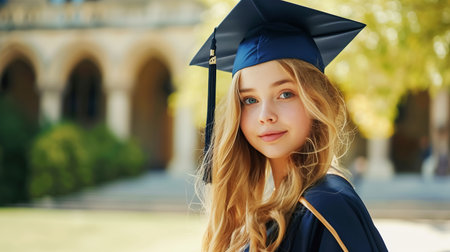 Modest cute graduate girl standing on the university campus. Graduation, graduation from school, universityの素材