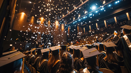 Graduation evening with flying golden confetti, a solemn ceremony for the end of the academic year and university. Festive backgroundの素材