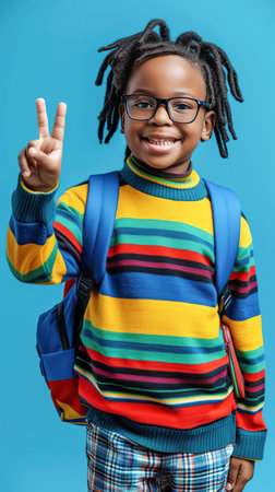 A smiling dark-skinned boy with dreadlocks, wearing a multi-colored bright sweater, shows a peace sign, on a blue backgroundの素材