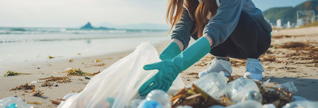 A volunteer girl collects plastic trash on beach, showing her commitment to cleaning up environment and preserving the ocean. Day of protection of earth and waterの素材