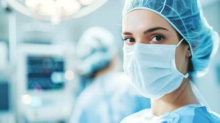 Focused medical worker nurse, doctor in surgical suit preparing for procedure in operating room, showing dedication and precision. Medical Workers Day, World Nurses Dayの素材