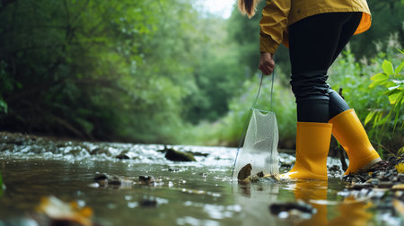 A female scientist takes a water sample to observe aquatic life in river, promoting research and environmental conservation. World Earth and Water Dayの素材