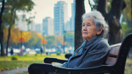 An elderly woman sits thoughtfully on a bench, surrounded by golden hues of autumn in quiet city park. World Health Day, Older Persons Dayの素材