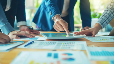 Professionals explore complex data analytics displayed on digital tablet, highlighting modern business strategy and decision-making. Business and latest analysis technologiesの素材