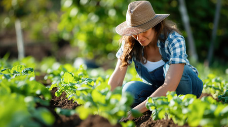 Cute female gardener in a hat grows green salad and vegetables. Organic vegetable garden against sun-drenched foliage, subsistence farmingの素材