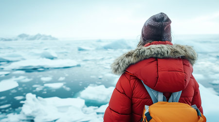 An adventurer, female explorer in warm clothing contemplates the immensity of a stunning glacier, reflecting on grandeur of nature and beauty of explorationの素材