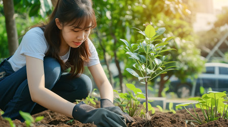 Asian woman in casual clothes plants a young tree in a garden, city park, promoting reforestation and environmental protection on sunny day. World Tree Planting Day, Earth Conservation Dayの素材