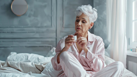 Mature woman with silver hair thinking about medicines in bed, morning health care. Daily life of middle-aged person, female psychological stateの素材