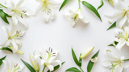 Beautiful delicate white lily flowers, white background, copy space, top view. Natural floral background, template for spring summer card, invitationの素材