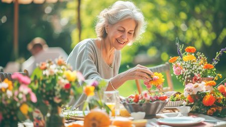 An older woman with a radiant smile enjoys a sun-drenched garden surrounded by colorful flower arrangements. Spring womens holidays, March 8, mothers dayの素材