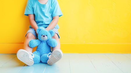 A boy in a blue T-shirt sits against an empty yellow wall, next to his favorite toy is blue teddy bear. Children health concept, World Autism Awareness Dayの素材