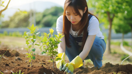 Asian woman in casual clothes plants a young tree in a garden, city park, promoting reforestation and environmental protection on sunny day. World Tree Planting Day, Earth Conservation Dayの素材