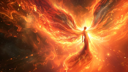 A woman in the form of a phoenix bird, a dynamic rebirth from a fiery nebula, symbolizing transformation and strength. Mental womens health, psychological health, spiritual practicesの素材